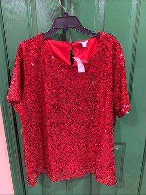 Cato Red Sequin Short-Sleeve Blouse